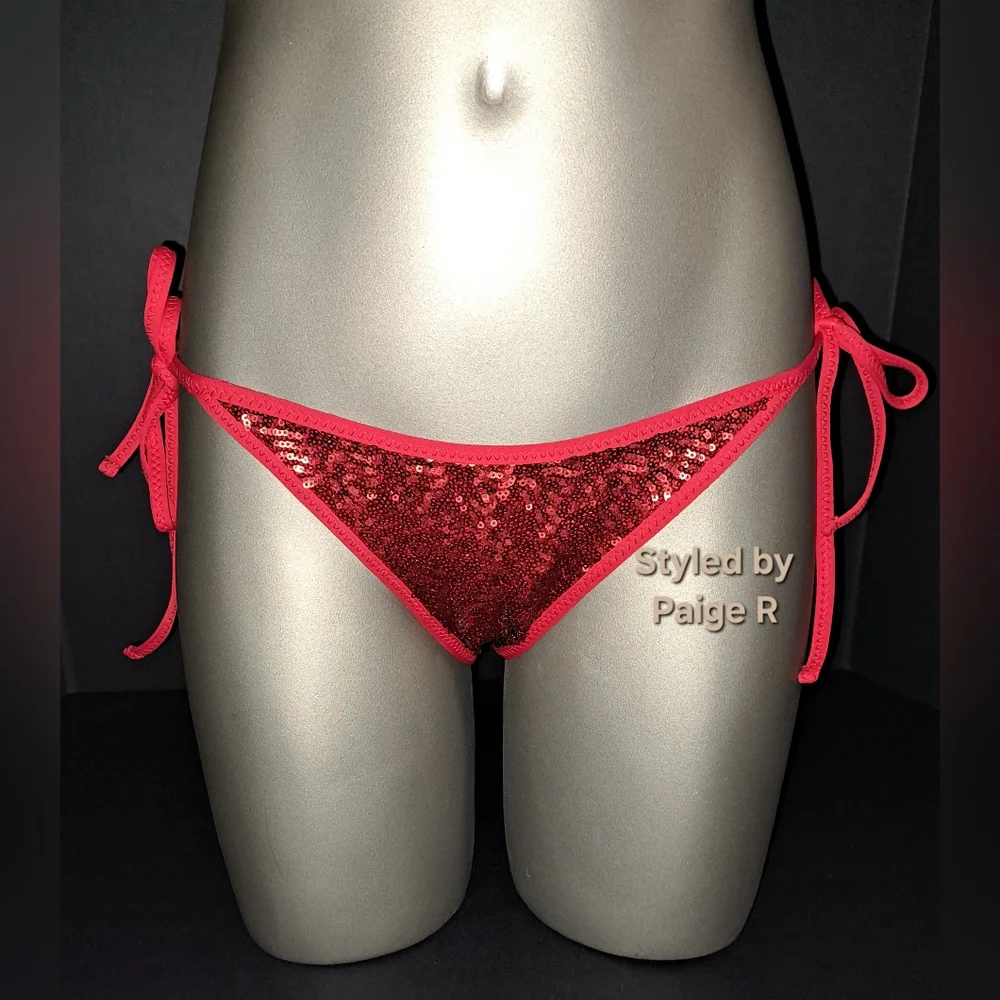 💕NWT SKIMS Swim Bikini Bar Tie Bottoms Swimsuit Swim Suit Red Sequin BRICK S